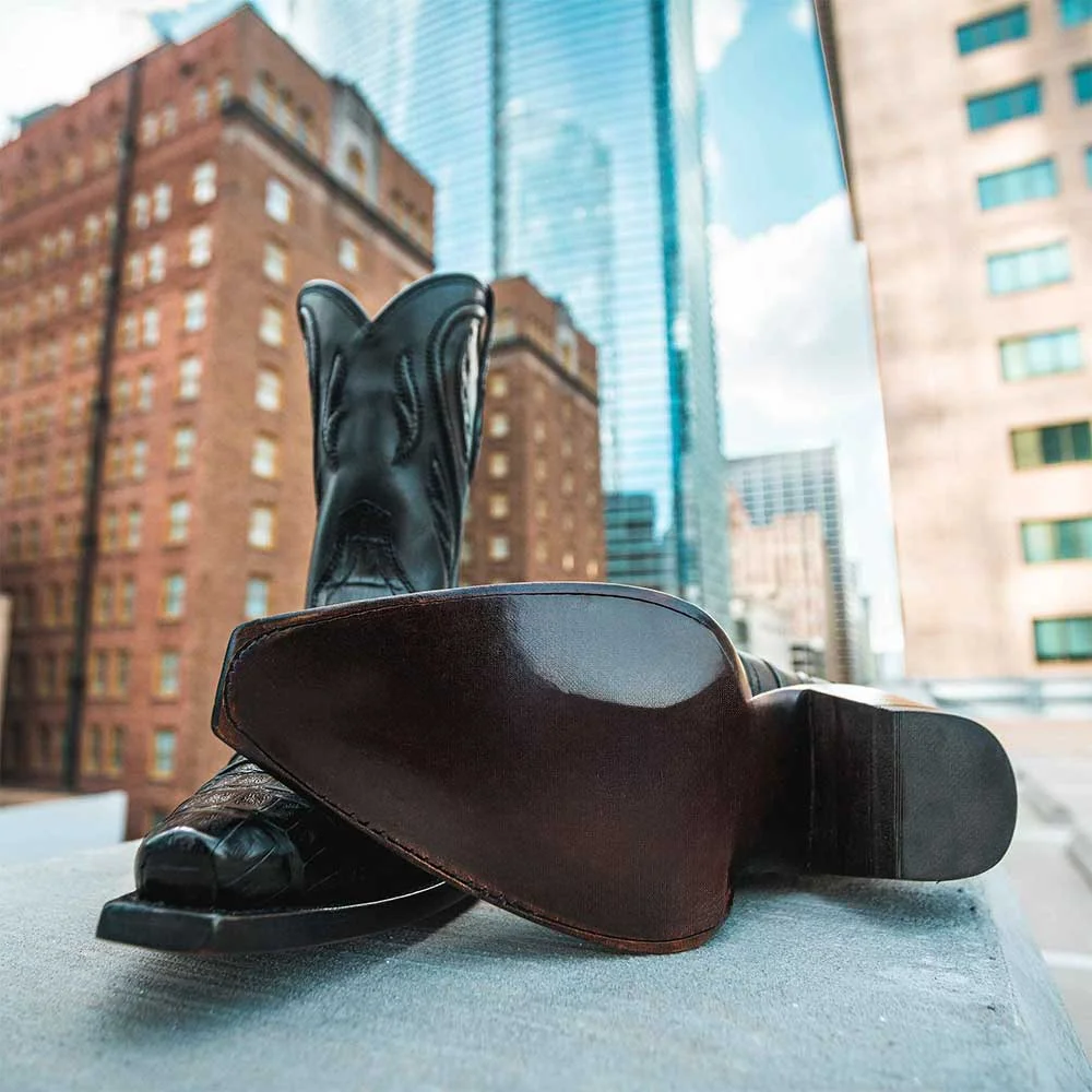 Black Snip Toe Chunky Heel Croc Embossed Cowboy Boots for Women