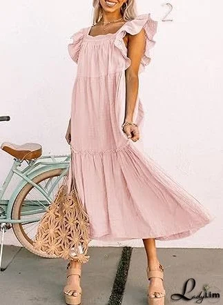 Square Collar Off-the-Shoulder Pleated Dress for Women