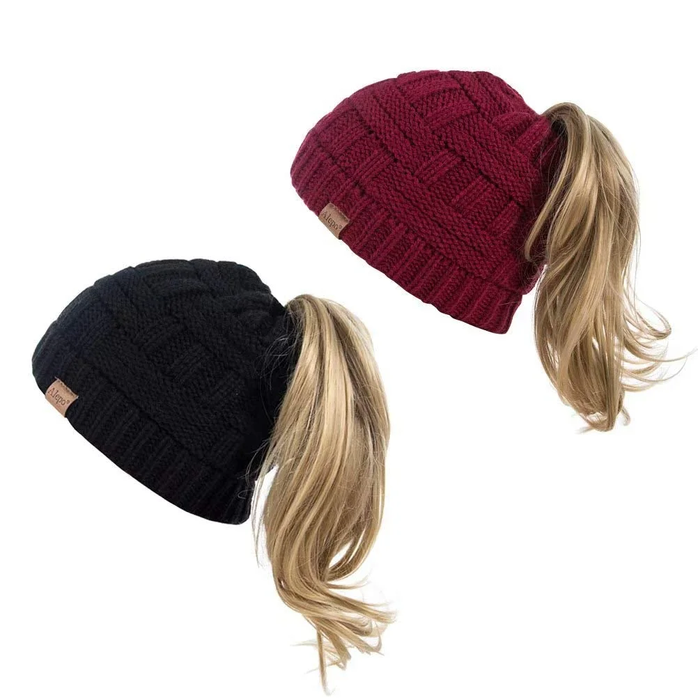 Womens High Messy Bun Beanie Hat with Ponytail Hole, Winter Warm Trendy Knit Ski Skull Cap