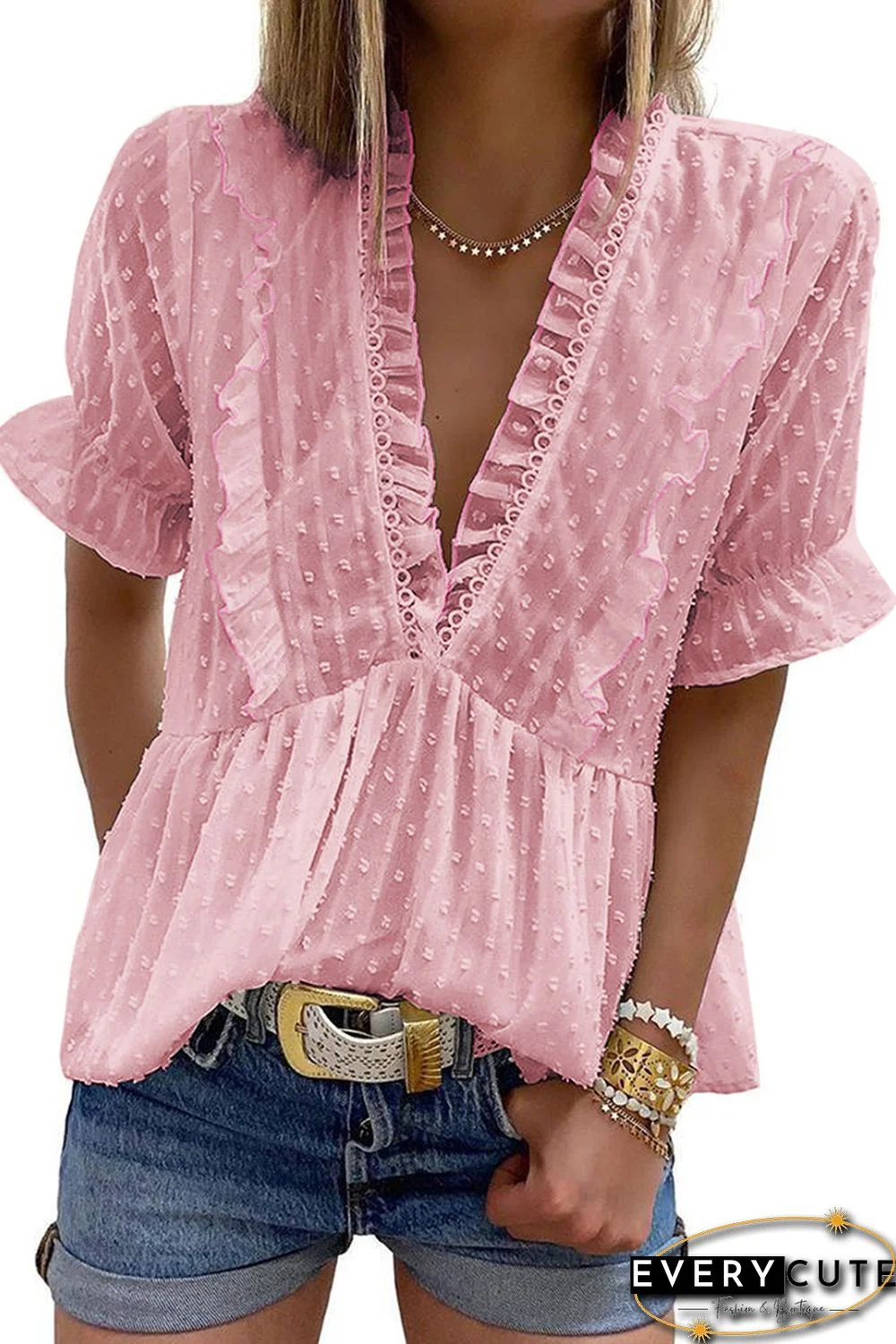 Pink Ruffled V Neck Frill Hem Swiss Dot Blouse