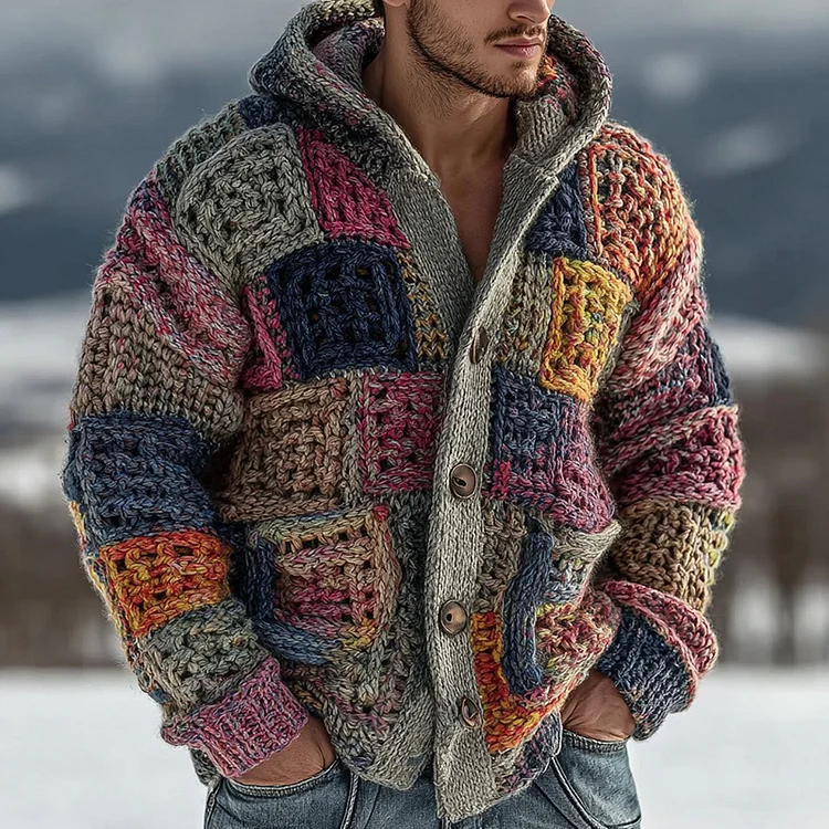 Men's Retro Geometric Knitted Warm Button Hooded Sweater
