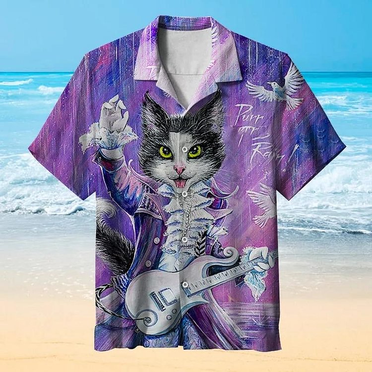 Purr Purr Rain! Cat Playing the guitar Hawaiian Shirt