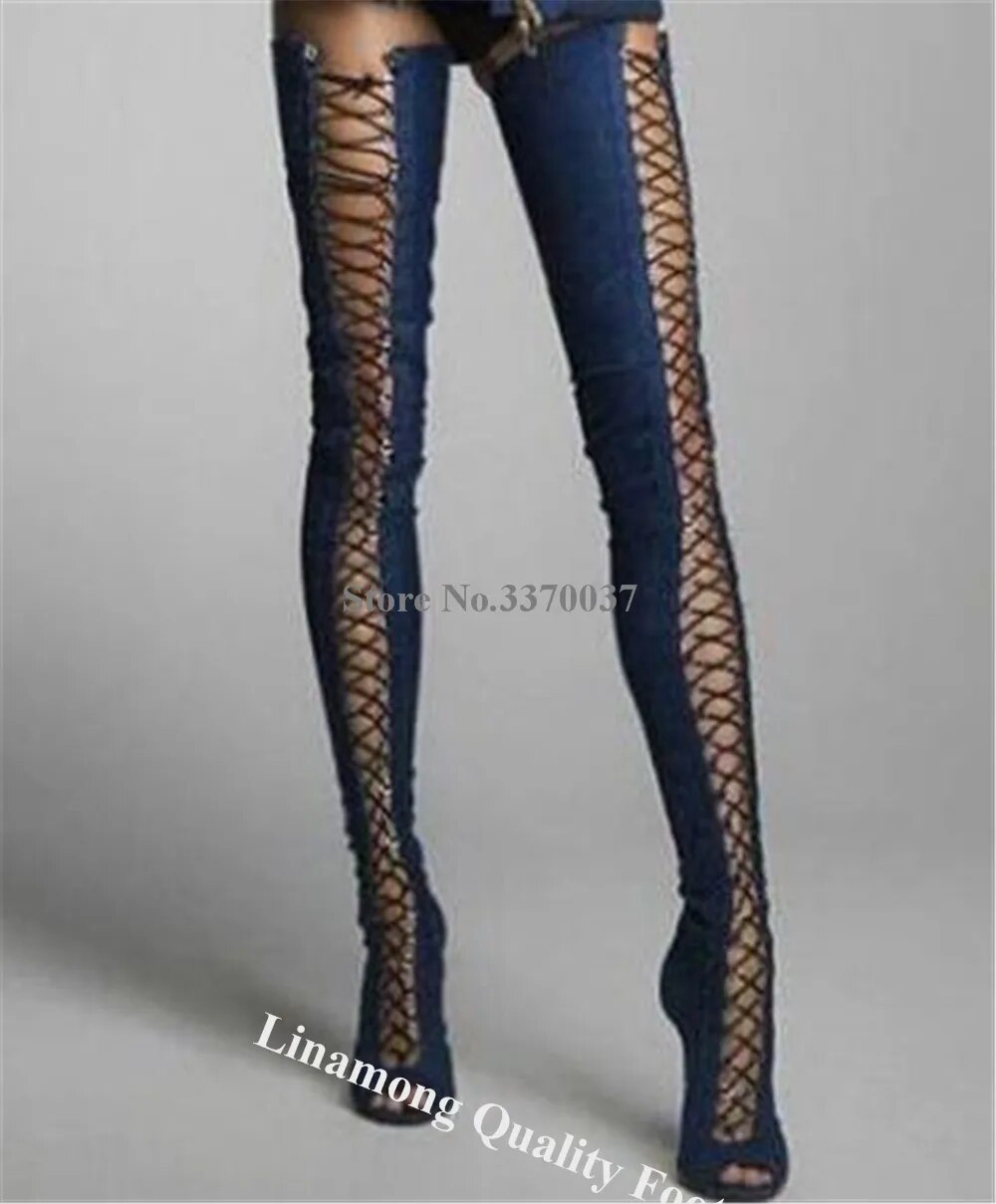 VCSHOES Slim Thin Heel Over-the-Knee Blue Denim Boots Peep Toe Cut-out Stiletto Heel Long Boots Dress Pumps