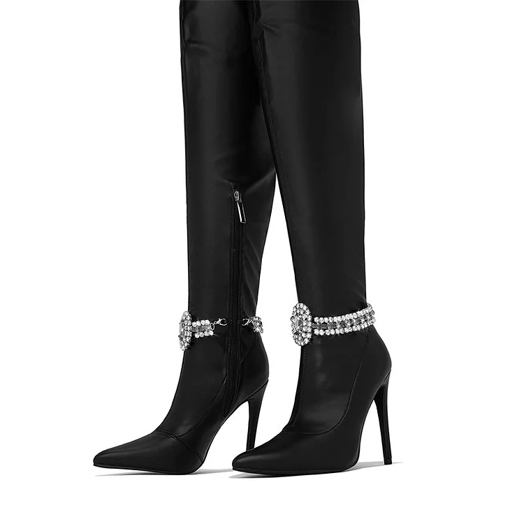 Elegant Pointy Toe Thigh Boot Women's Buckle Heels Rhinestone Boots |FSJ Shoes