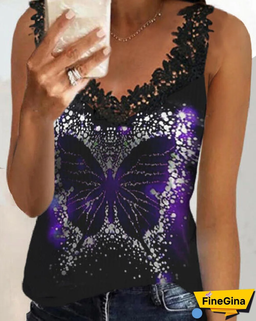 Lace Printed V Neck Sleeveless Tank Top