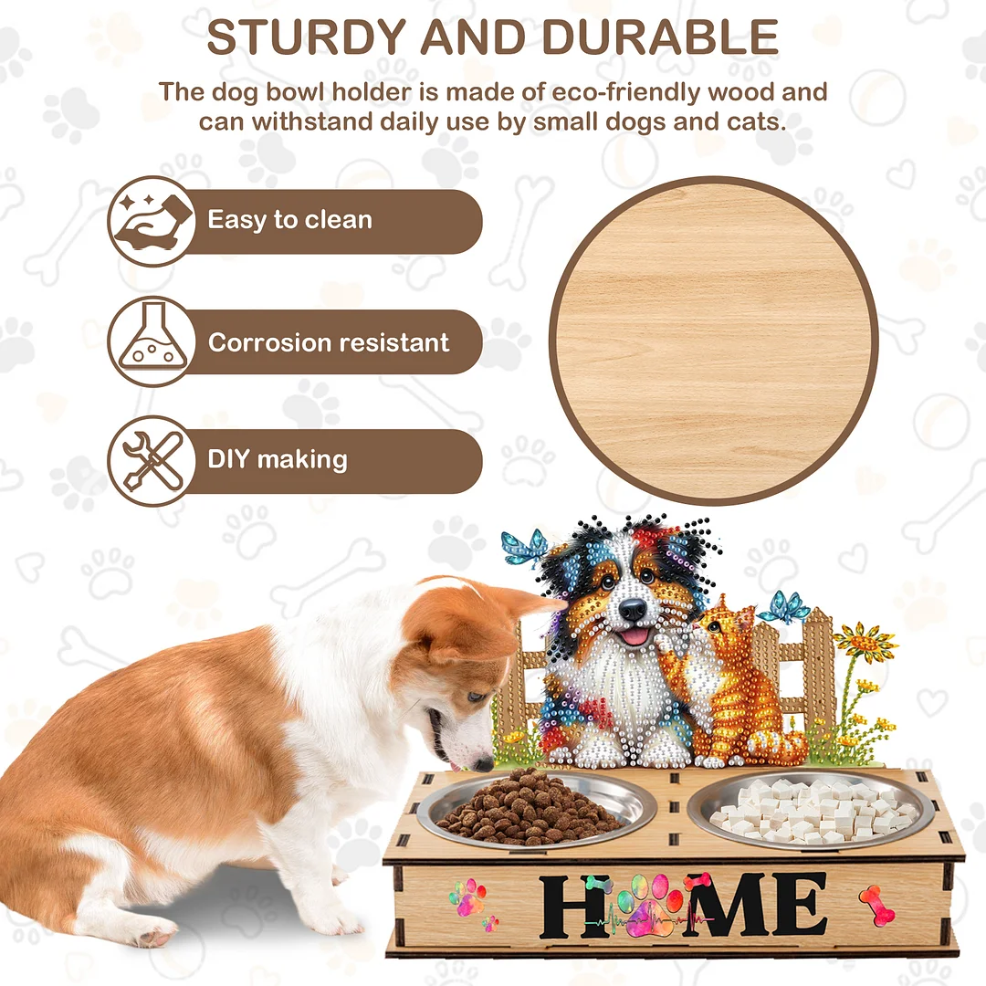 Diamond Painting Food Bowl with Wood Stand Diamond Art Dog Bowl for Small Dogs