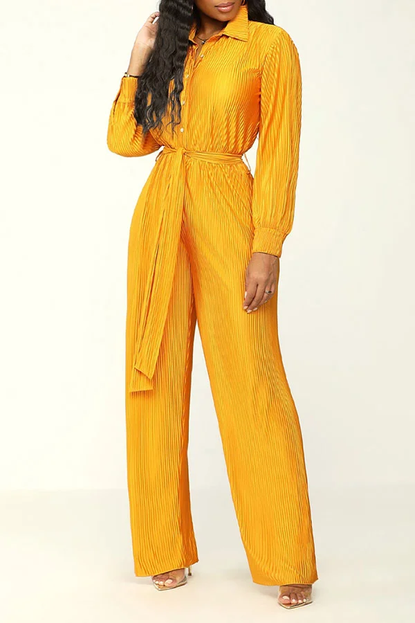 Solid Color Classic Belted Pleated Jumpsuit