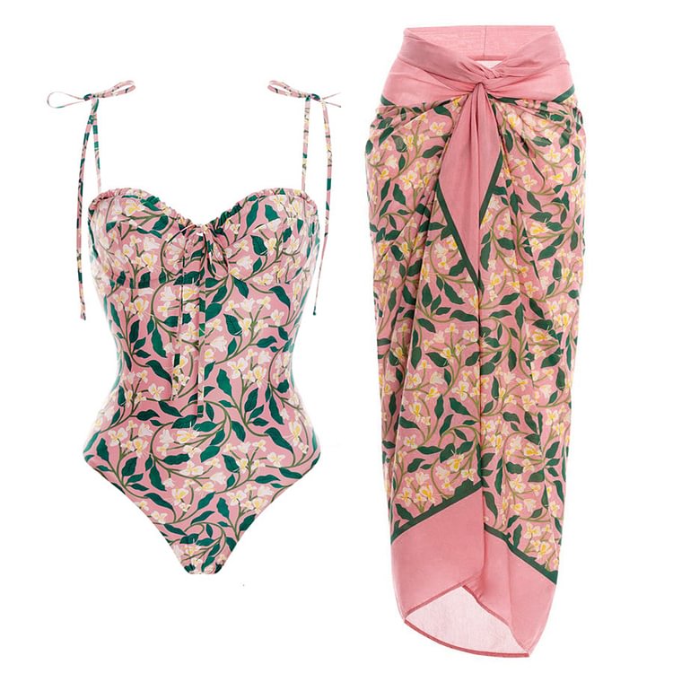 Flaxmaker Tie-shoulder Floral Printed Pink One Piece Swimsuit and Sarong