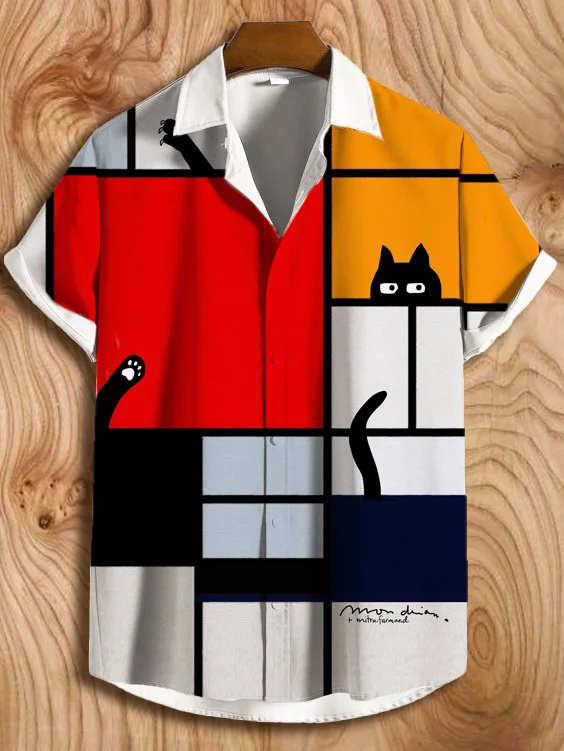 Men's Colorblock Mondrian Art Cat Printed Lapel Collar Shirt