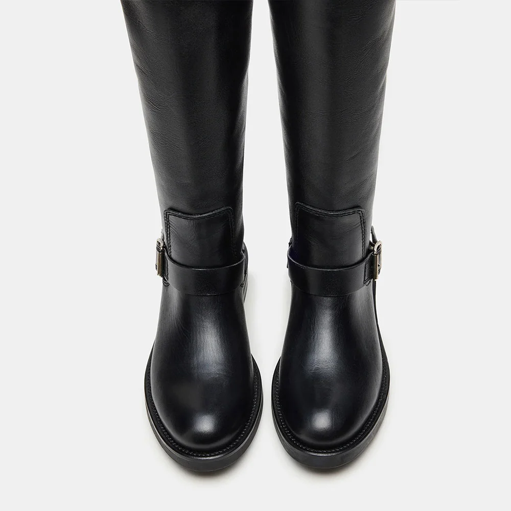 Black Round Toe Chunky Heel Buckle Knee High Boots for Women