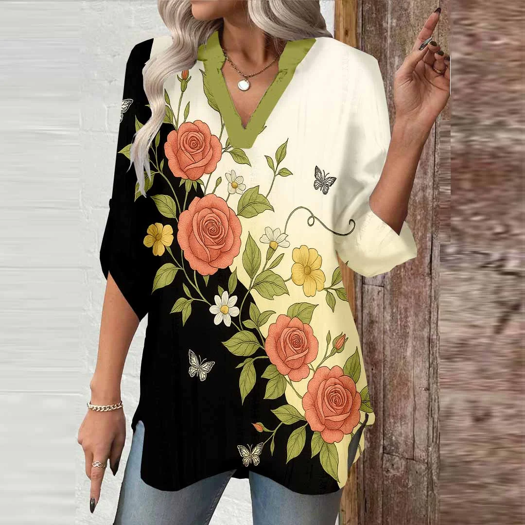 Women Floral, Pink, Yellow, Black DZGA0757 3/4 Sleeve V-neck Printed Graphic Button Tops