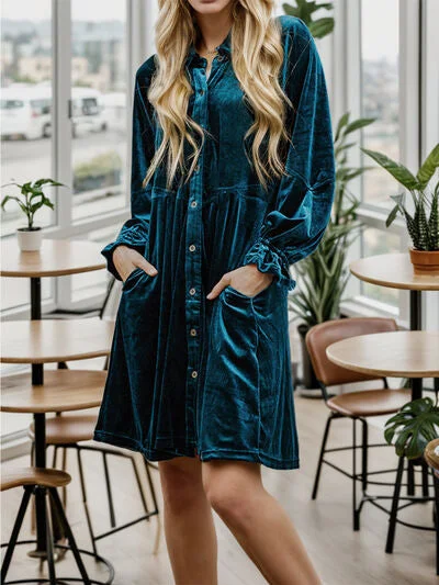 Women's Blue Velvet Dress Button Up Long Sleeve Cute Party Dress