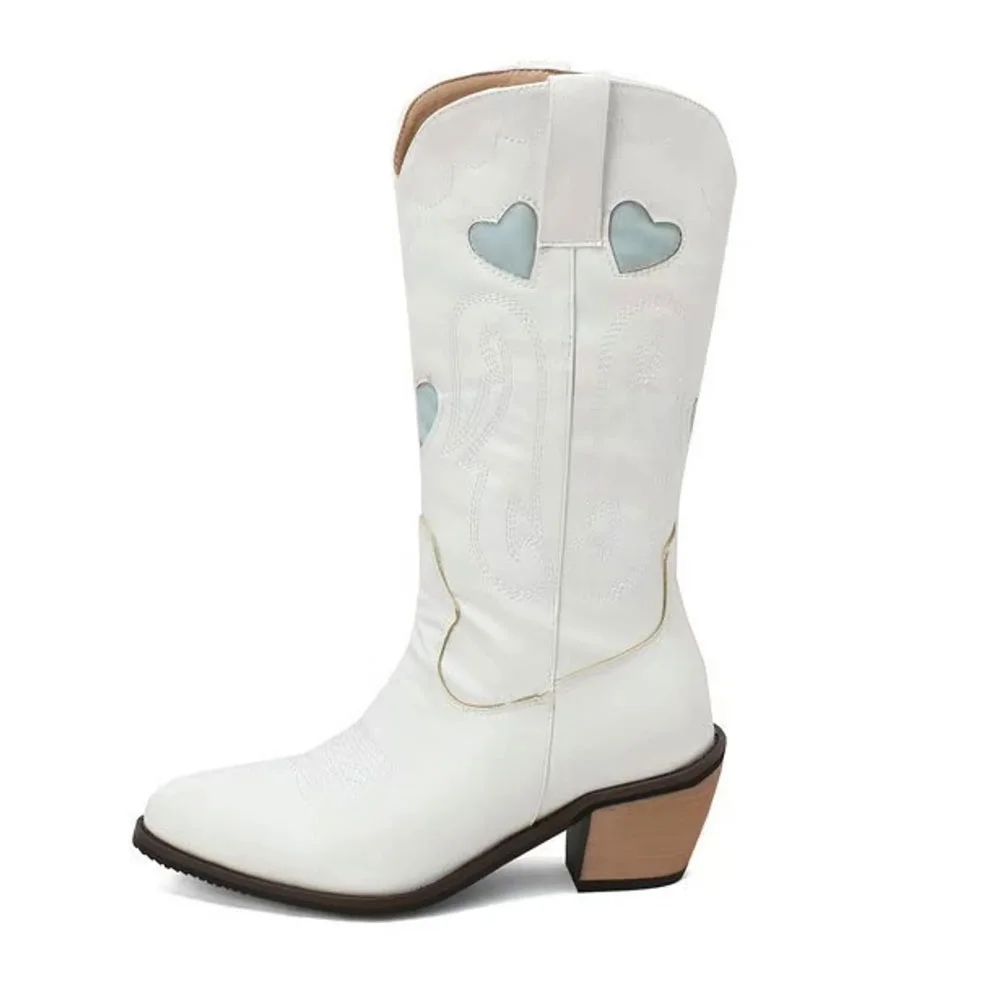 Snip Toe Chunky Heel Style Embroidered Cowboy Boots for Women in White