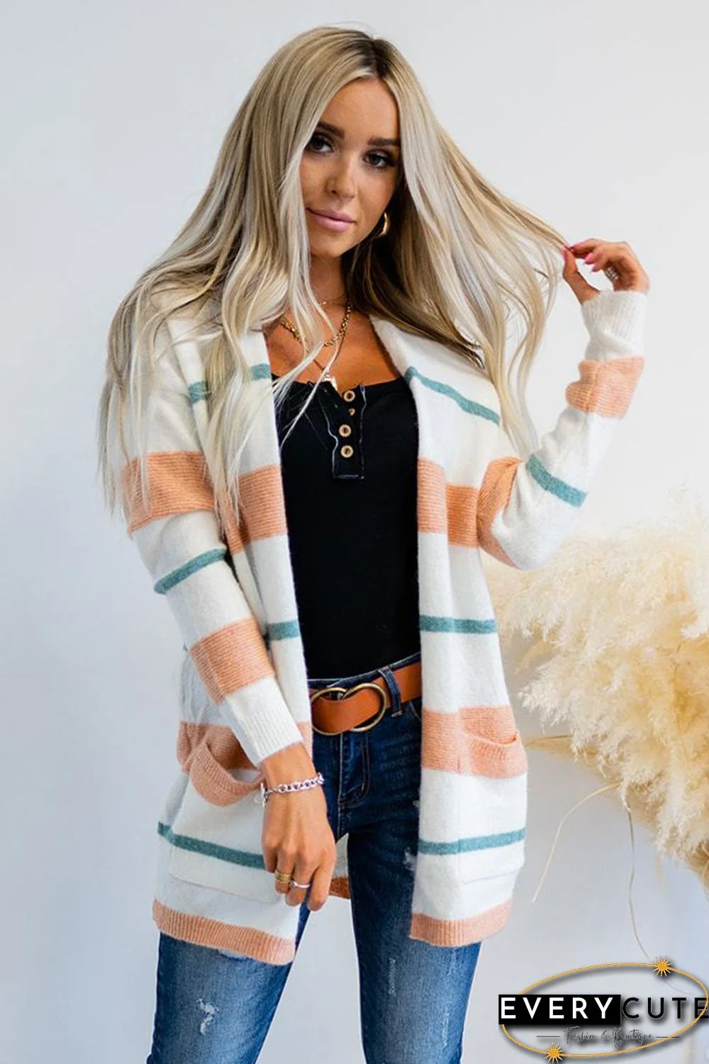 Long Sleeve Striped Cardigan with Pockets