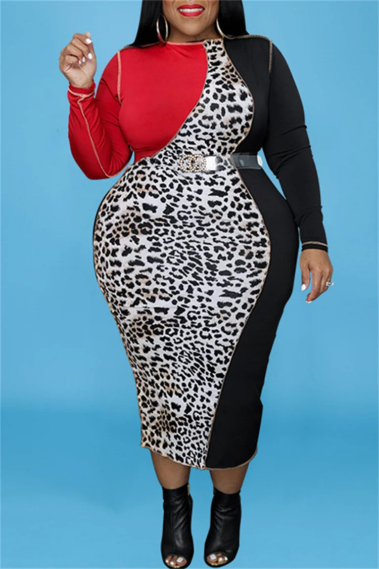 Black Fashion Casual Print Leopard Split Joint With Belt O Neck Long Sleeve Plus Size Dresses