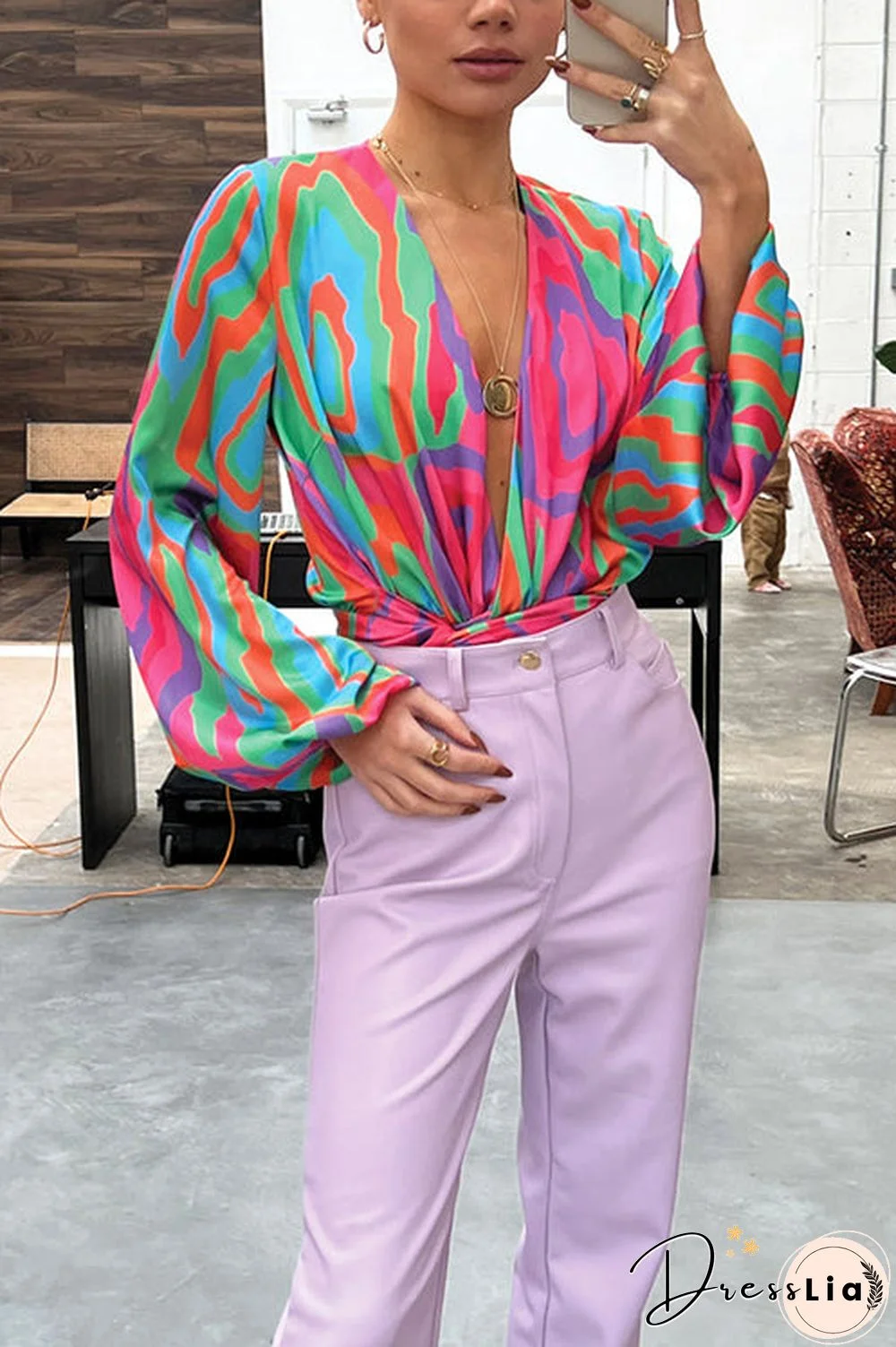 Print Long Sleeve Wrap Mini Dress