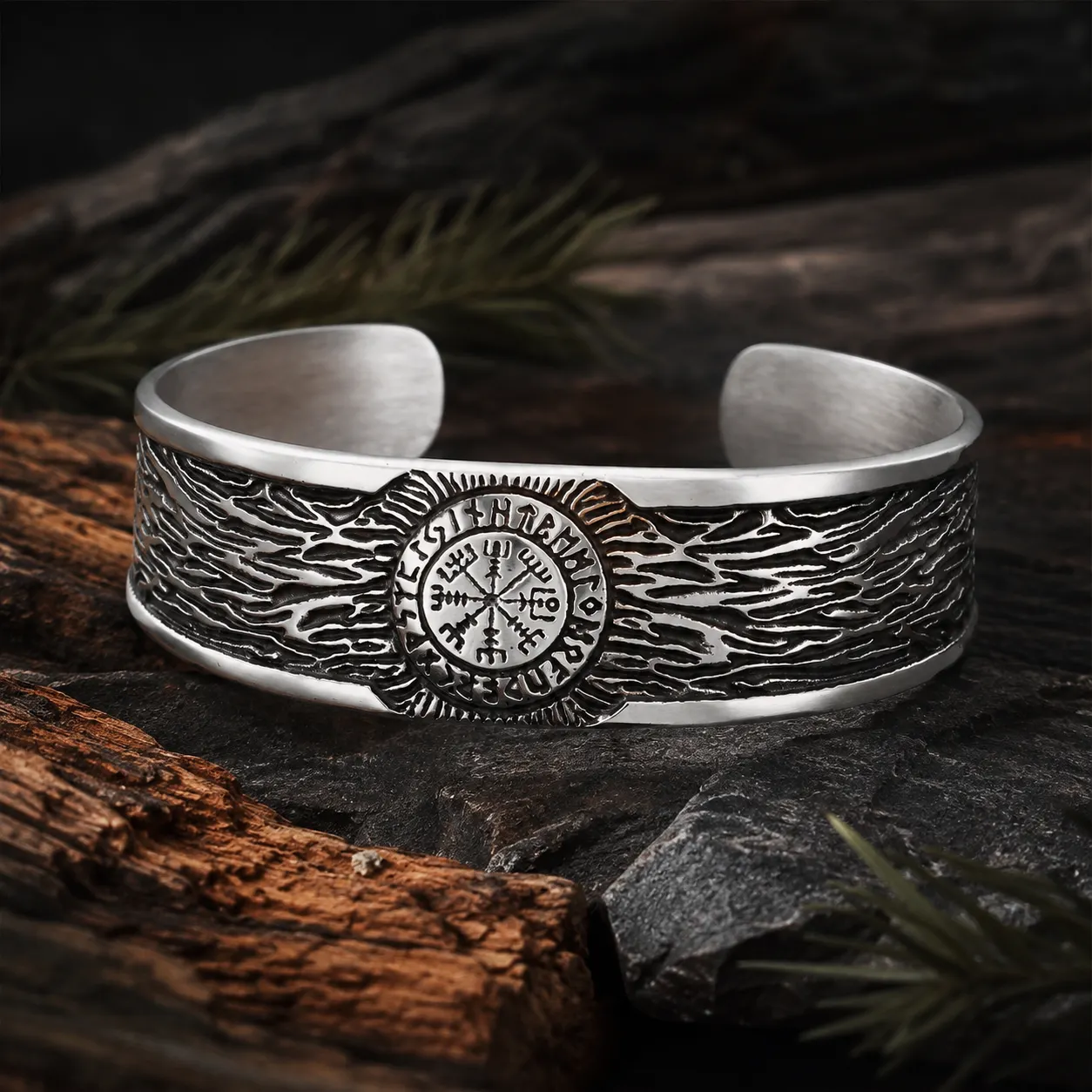 Norse Viking Vegvisir Rune Compass Tree‑Textured Open Cuff Stainless Steel Bracelet
