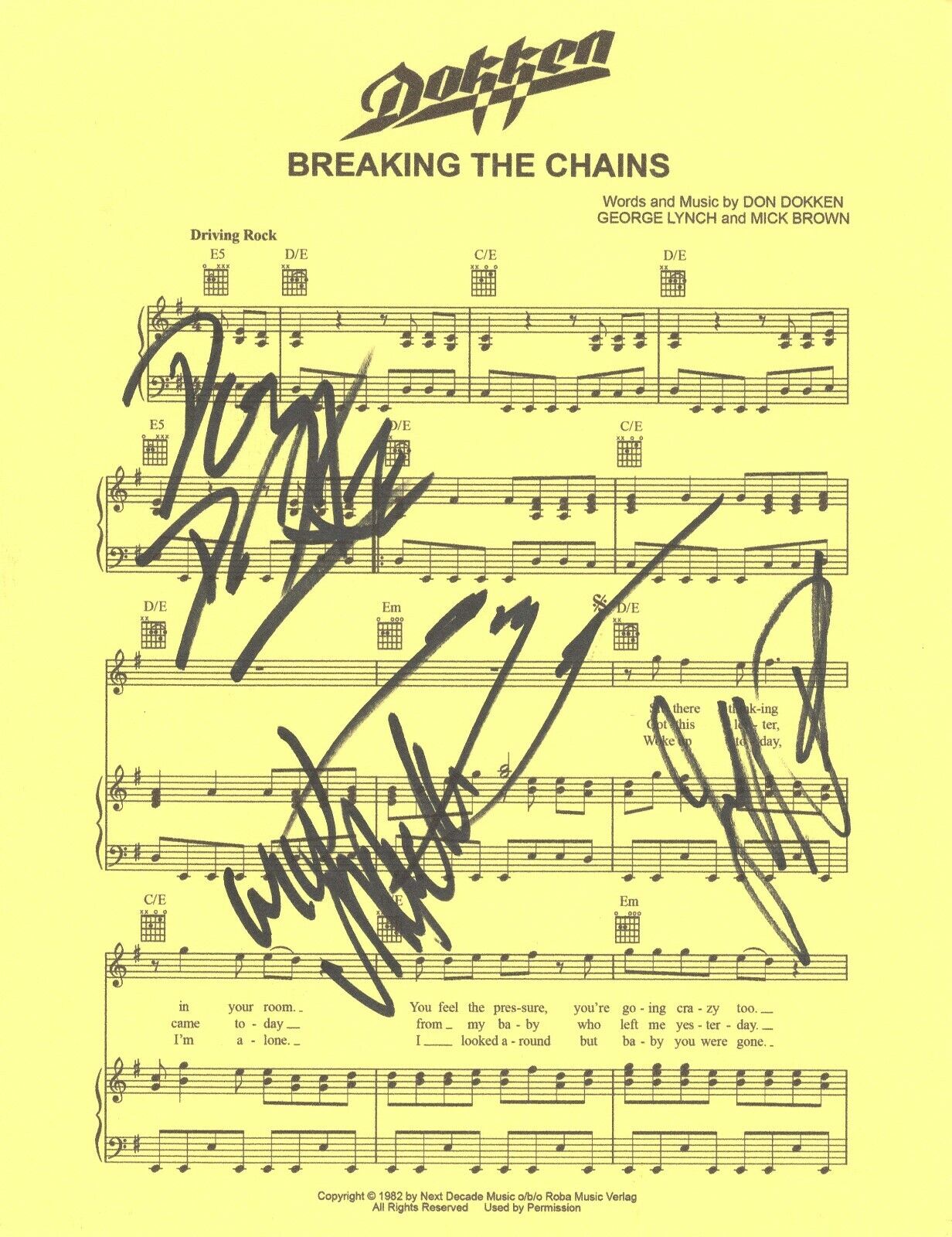 Dokken SIGNED Breaking The Chains sheet music #2 COA Don Mick Jeff George Lynch