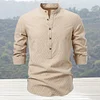 Camicia da uomo con colletto alla coreana casual in tinta unita