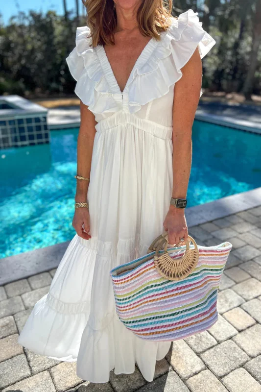 Ruffled Sleeveless V-Neck White Long Dress