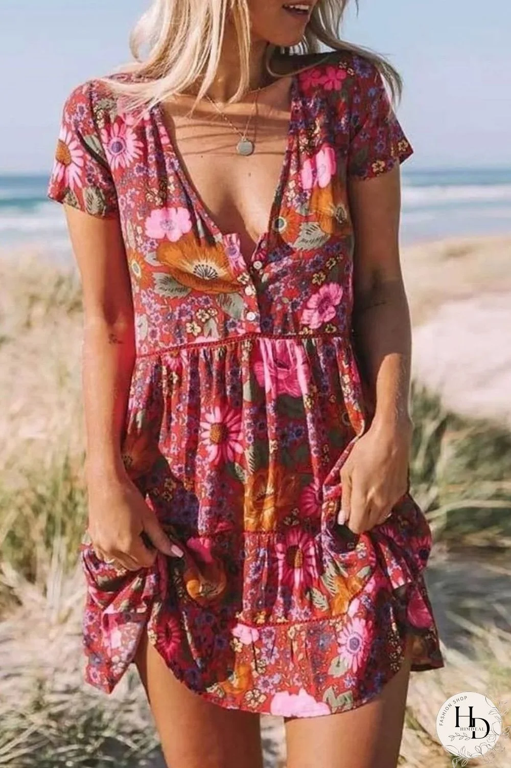 Floral Print V-Neck Mini Dress