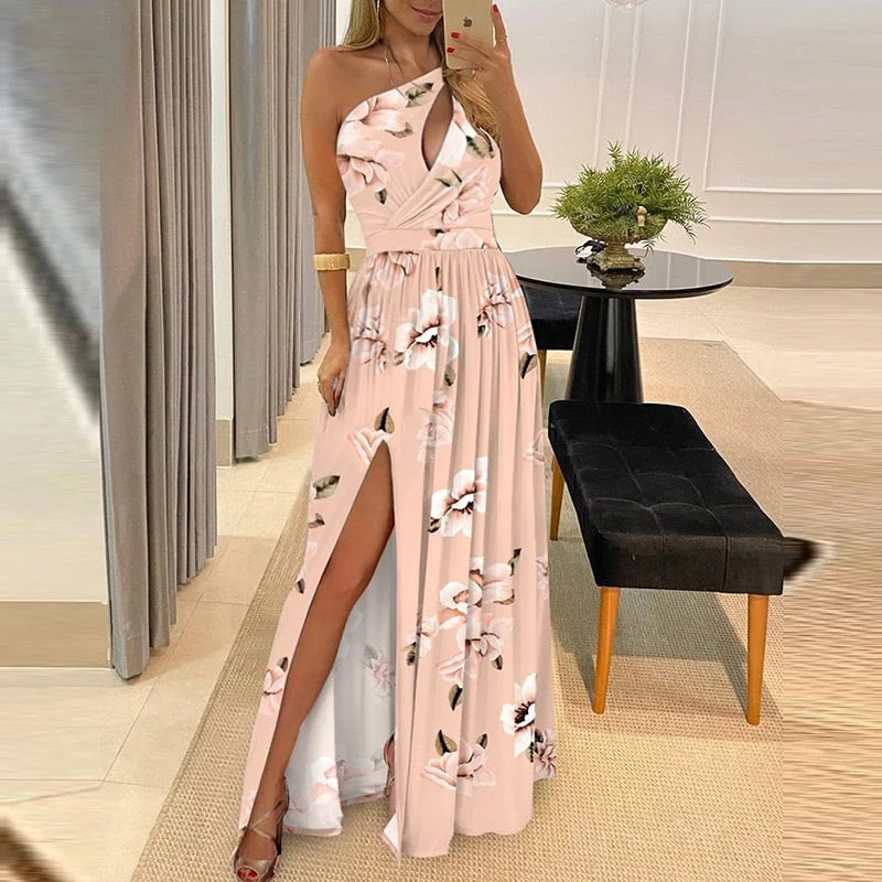 Ladies Sexy Hollow Out Sleeveless Party Dress Women Elegant Off Shoulder Split Long Dress Fashion Printing Femme Dress Vestidos