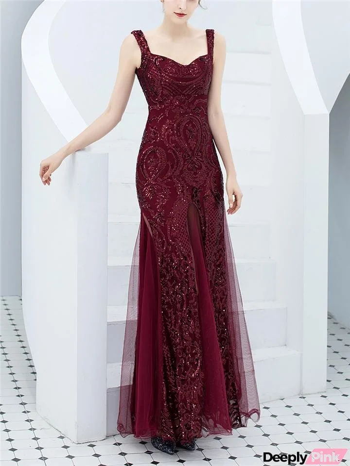 Stunning Sequined High Slit Formal Tulle Dress for Dinner