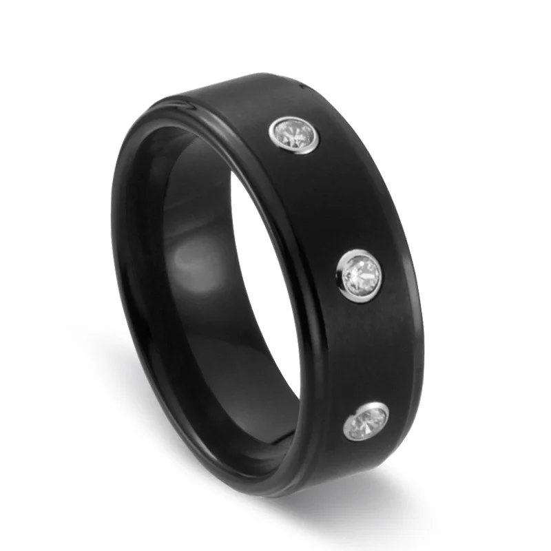 8MM Black Women's Or Men's Tungsten Carbide Wedding Rings Zircon Inlay Polished