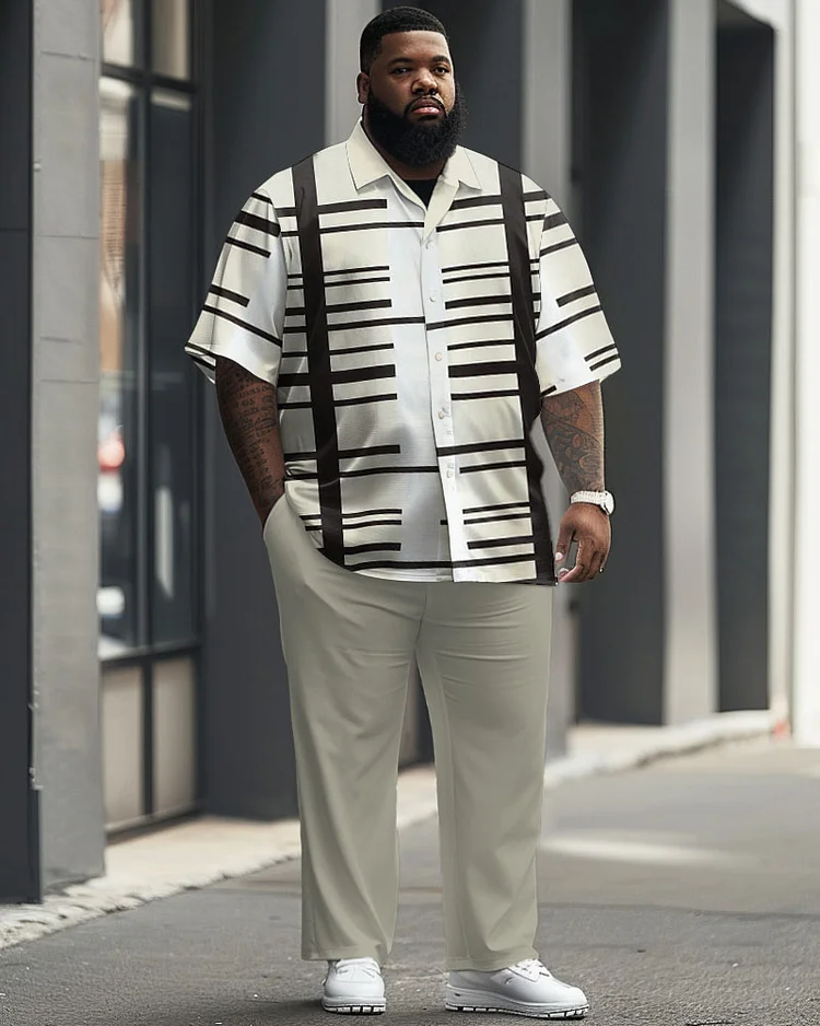 Men's Plus Size Simple Geometric Stripe Colorblock Print Short-sleeved Shirt Suit