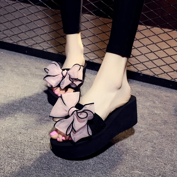 Black Platform Slide Sandals with Pink Bow Detail for Women Vdcoo