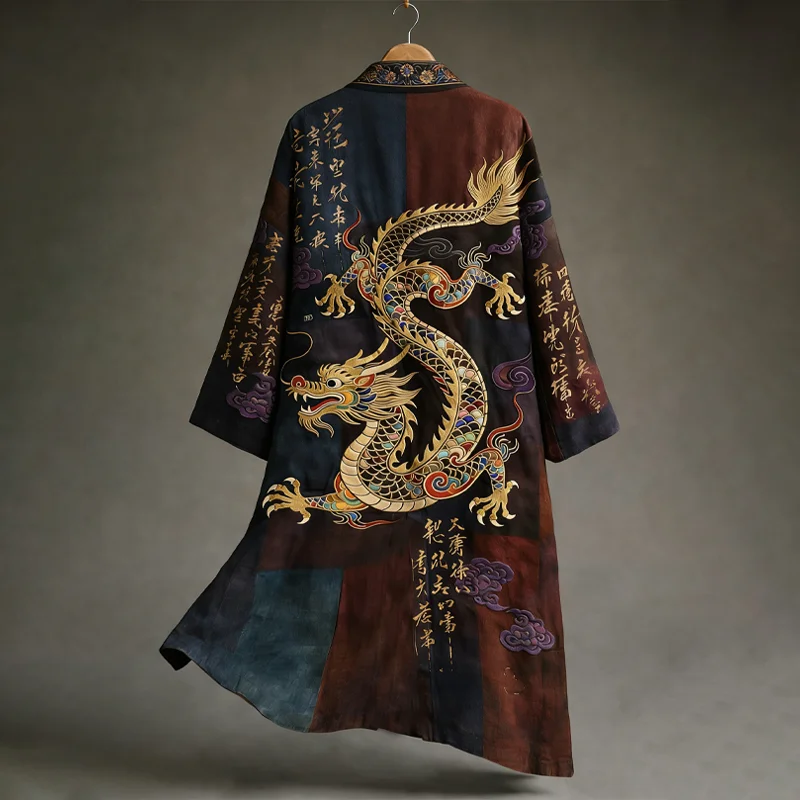 Men's Vintage Japanese Calligraphy Dragon Art Pattern Linen Blend Kimono