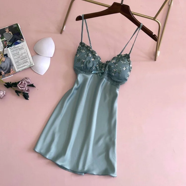 Uaang Lace Satin Nightdress Lady Strap Backless Nighty Gown Summer Sleeveless With Chest Pads Nightgown Sleepshirt Lounge Sleep Dress