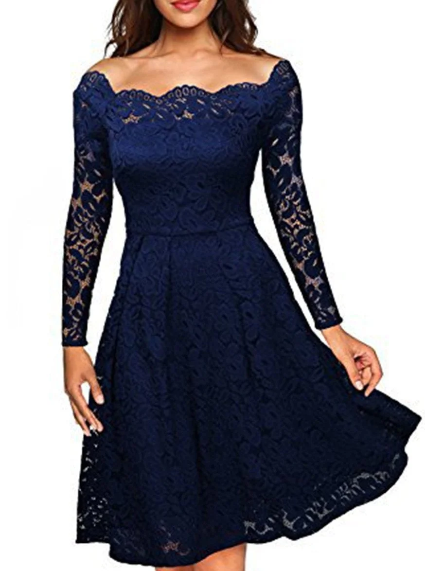 Open Shoulder Lace Plain Skater Dress