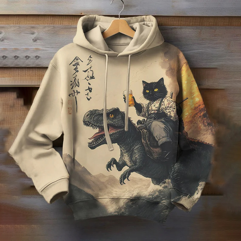 Men's Black Cat Samurai Dinosaur Sea Wave Art Print Casual Hoodie  artssus