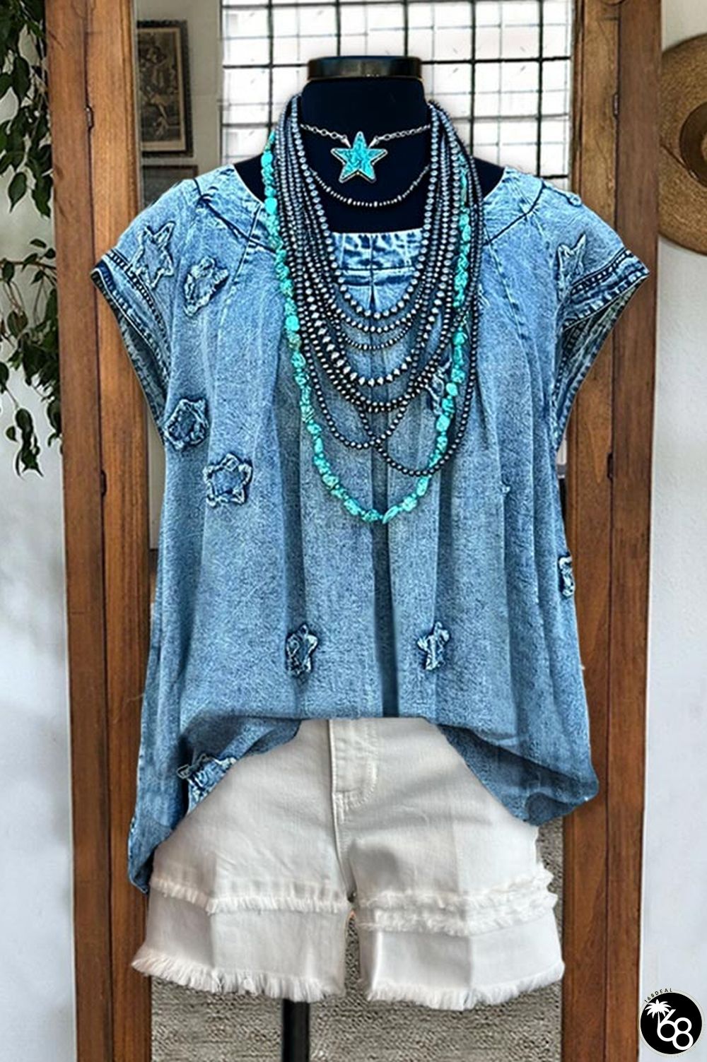 Star Patchwork Casual Denim Washed Top | 168DEAL