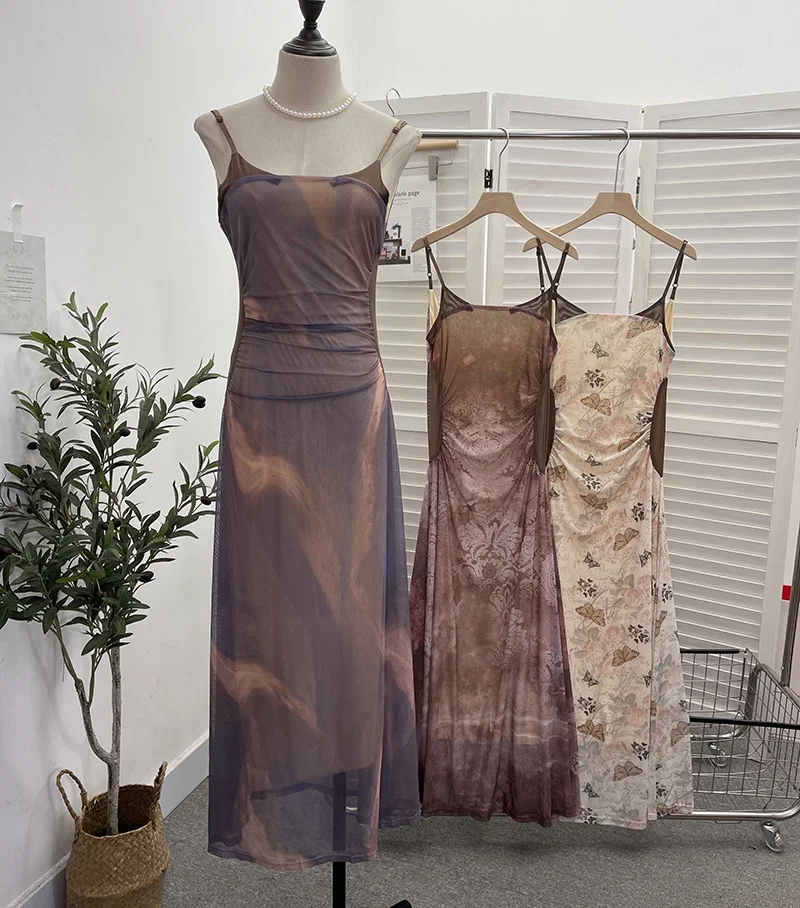 Uveng Sexy Tie-Dye Print Dress Waist Folded Folded Black Back Mesh Slings Long Skirt 888825