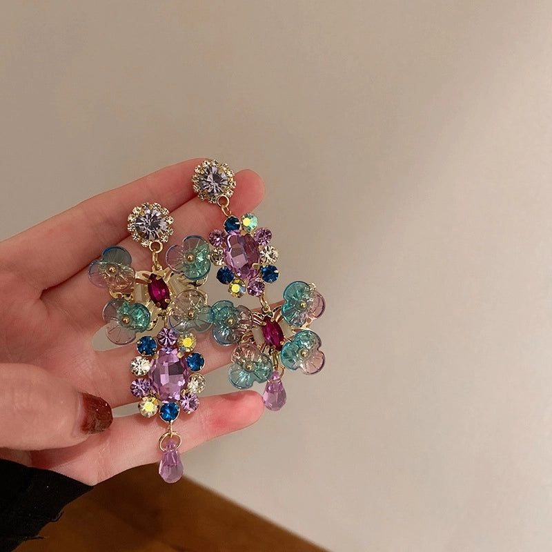 1 Pair Minimalist Flower Copper Enamel Rhinestones Drop Earrings Ear Studs