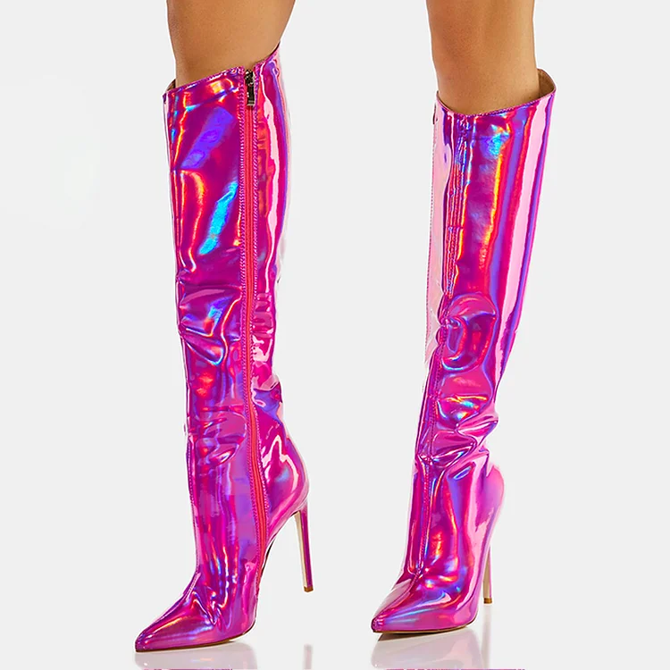 Pink Mirror Leather Boot Pointy Stiletto Heels Classic Knee High Boots |FSJ Shoes