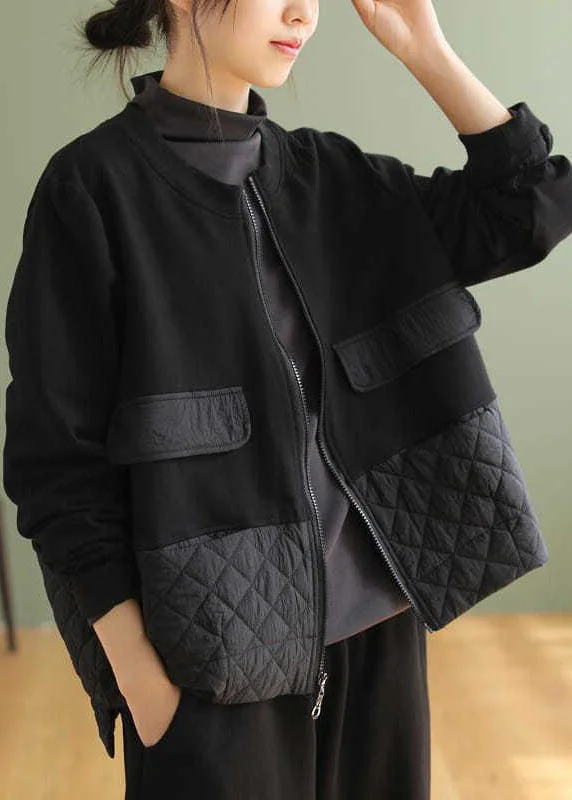Plus Size Black Zip Up Patchwork Warm Fleece Jacket Spring