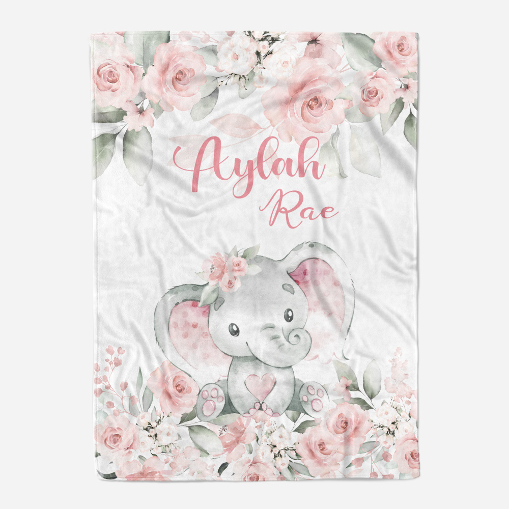 Baby Elephant Blanket, Personalized Baby Name Blanket Bodysuit and Bib Set