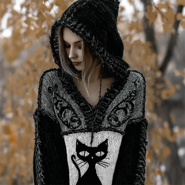 Halloween Vintage Gothic Black Cat Contrast Knit Hooded Sweater