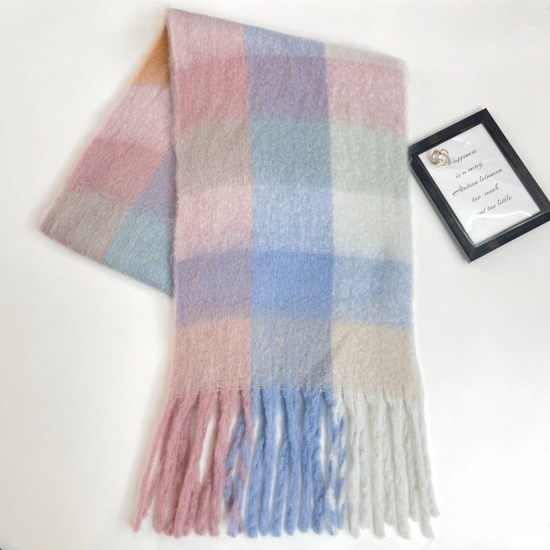 Rainbow Plaid Tassel Scarf For Women Autumn And Winter Famous Color Matching Cashmere Mohair Shawl Thickened Scarf