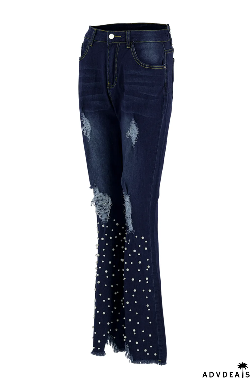 Dark Blue Sexy Solid Ripped Pearl Mid Waist Boot Cut Denim Jeans