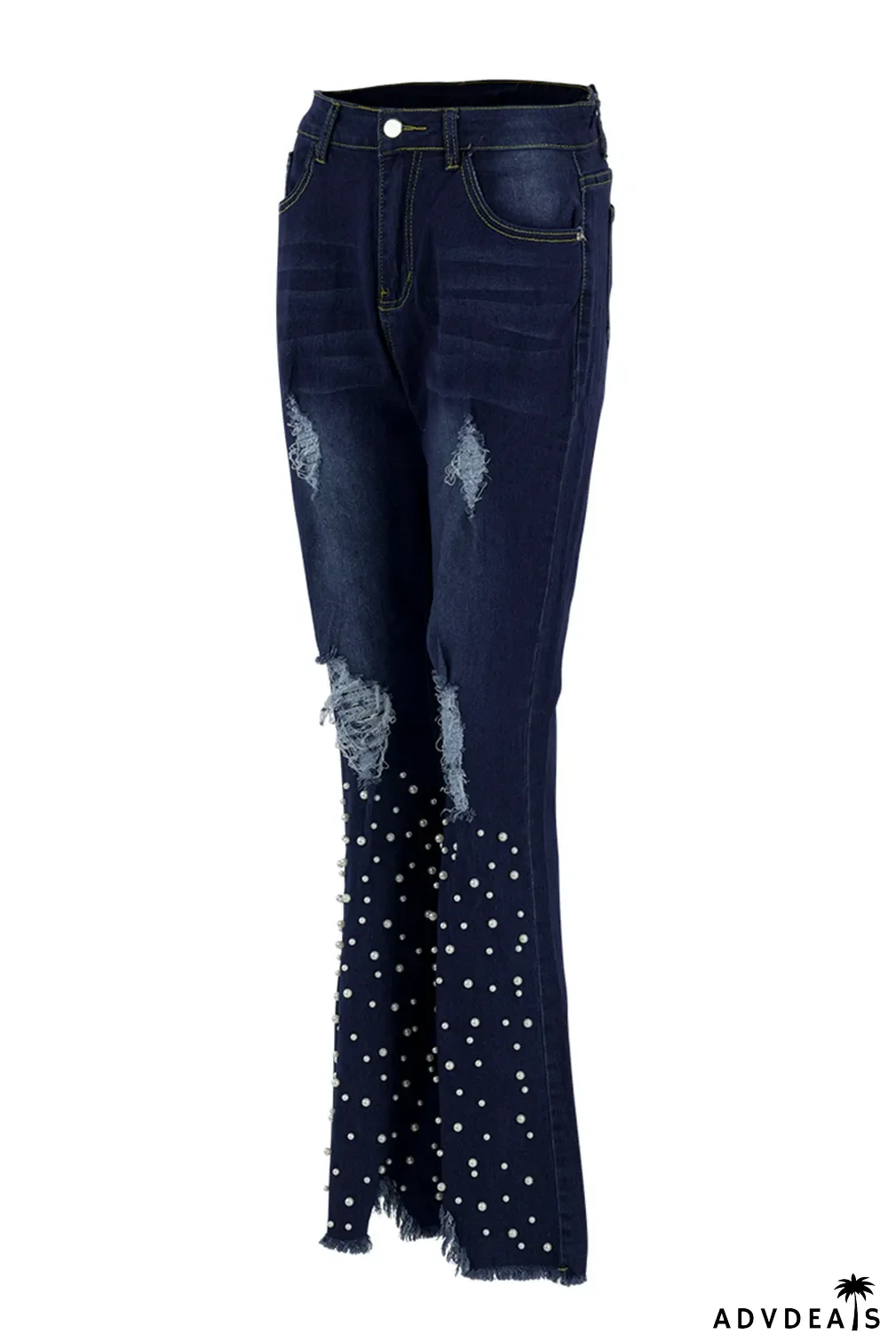 Dark Blue Sexy Solid Ripped Pearl Mid Waist Boot Cut Denim Jeans