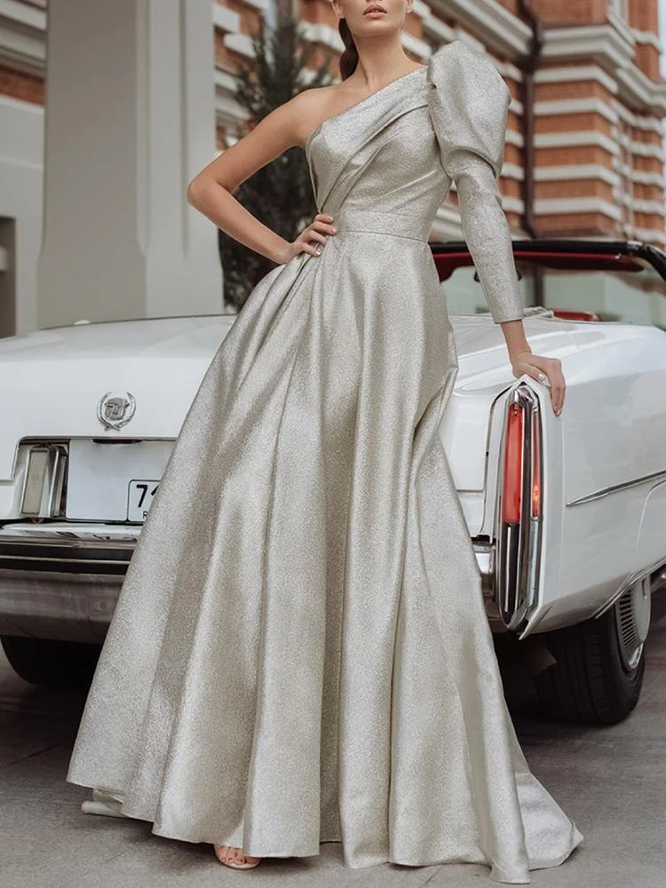Promsstyle Promsstyle Slant sleeve slim solid color long evening dress Prom Dress 2023