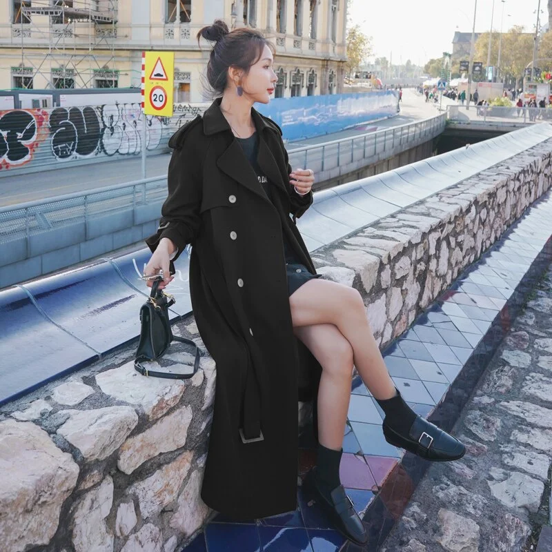 Brand New Fashion Long Double Breasted Women Trench Coats with Belt Lady Duster Coat Female Cloak Outerwear Black Blue Burgundy