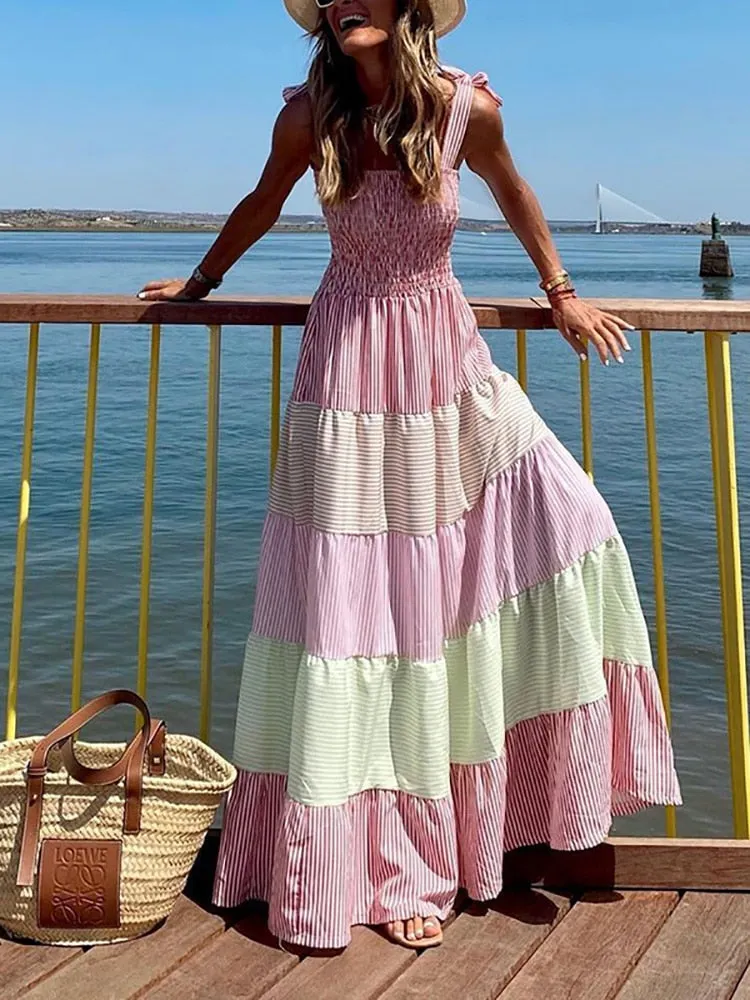 Women Vintage Long Sleeve Patchwork Pleated Dresses Ladies Sexy Slash Neck Loose Party Dress Summer Casual Female Dress Vestidos