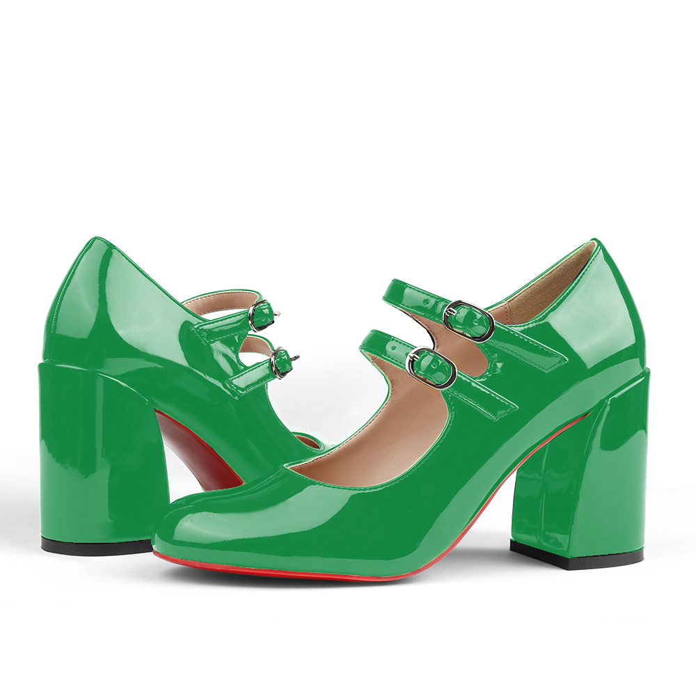 85mm Women's Chunky Heels Red Bottom Shoes Comfortable Miss Jane Block Heel Patent Pumps-MERUMOTE