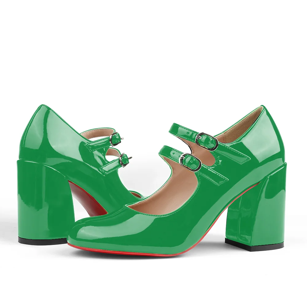 85mm Women's Chunky Heels Red Bottom Shoes Comfortable Miss Jane Block Heel Patent Pumps-MERUMOTE