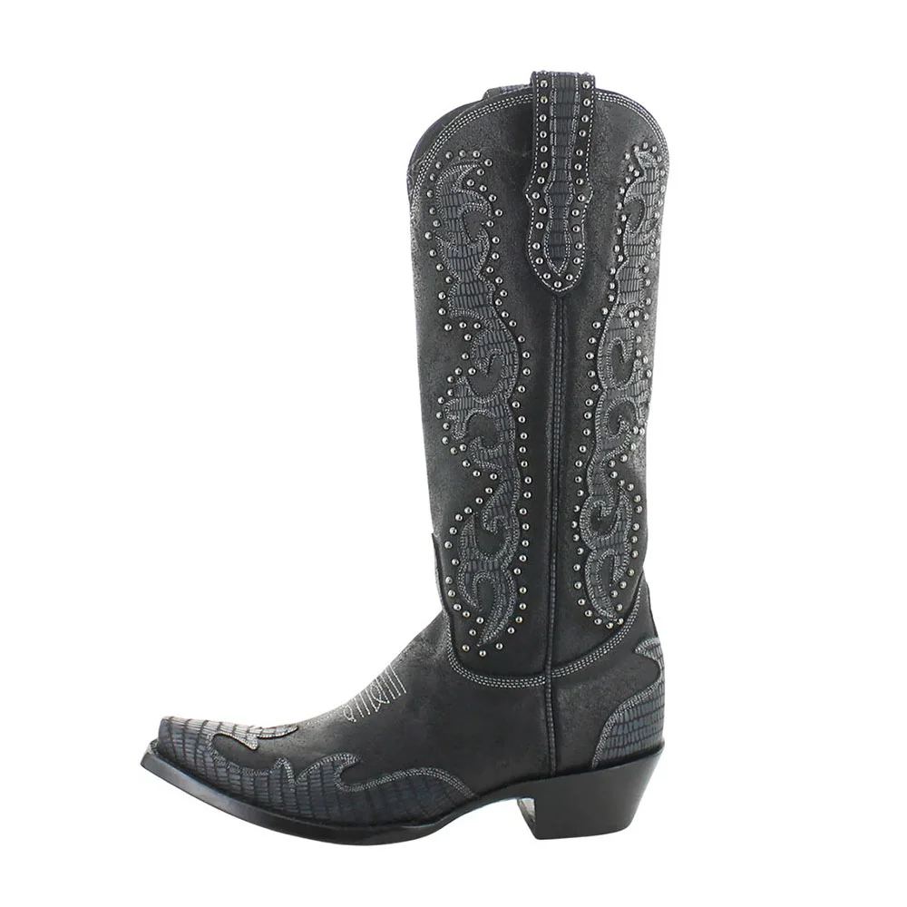 Snip Toe Studded Embroidered Black Western Boots for Women